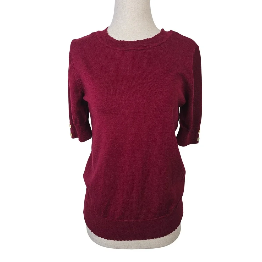 Anne Klein Womens Burgundy Short Sleeve Sweater Scalloped Neck Gold Buttons M